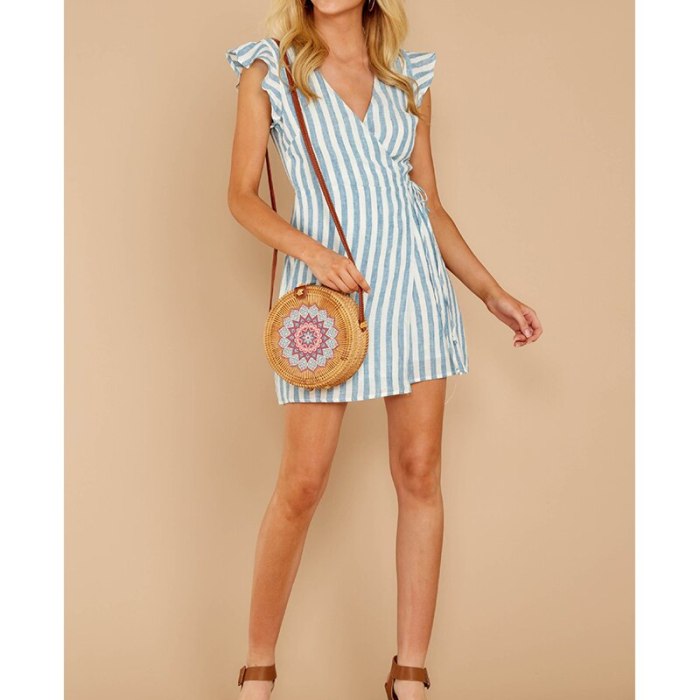 Vintage Stripe Ruffle Sleeve V-Neck Lady Summer Office Bandage Mini A-Line Dress