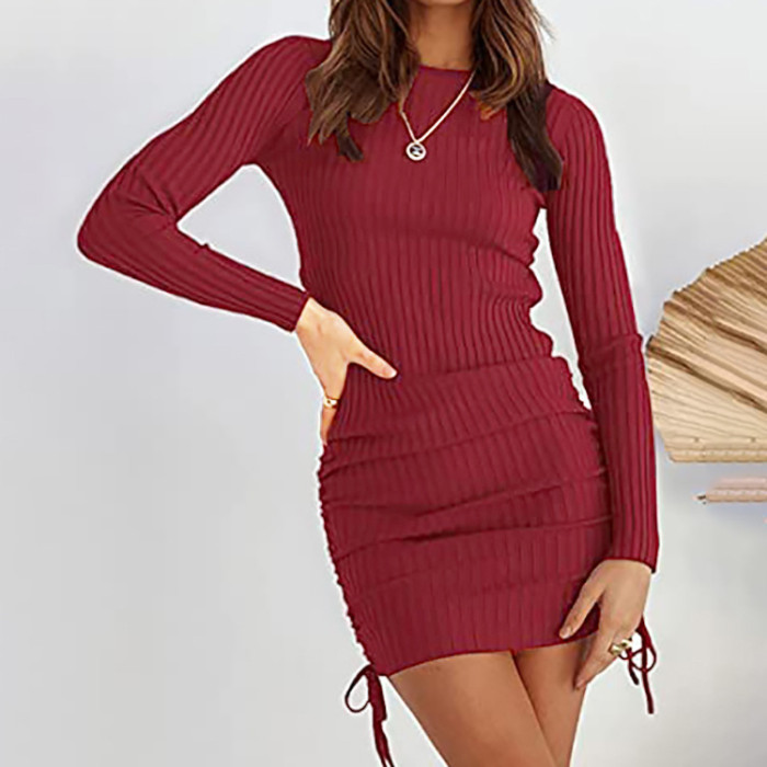 Long Sleeve Dresses For Women Round Neck Autumn Woman Dress Sexy Bodycon Ruched Dress Drawstring Women Dress
