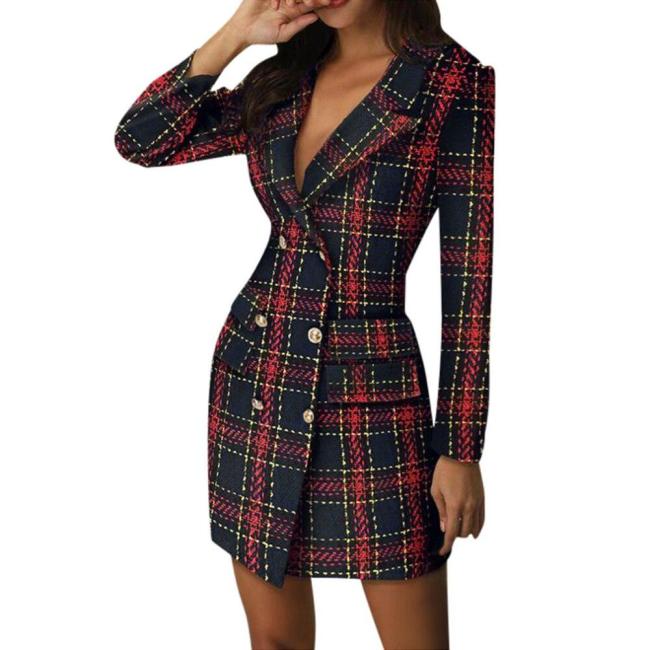 Plaid Double-Breasted Blazer Dress Slim Bodycon Party Dress