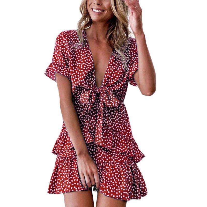 Women Short Sleeve Sexy Deep V-Neck Swing Mini Dress Vintage Floral Print Ruffle Layers Tie Knot Front Beach Sundress