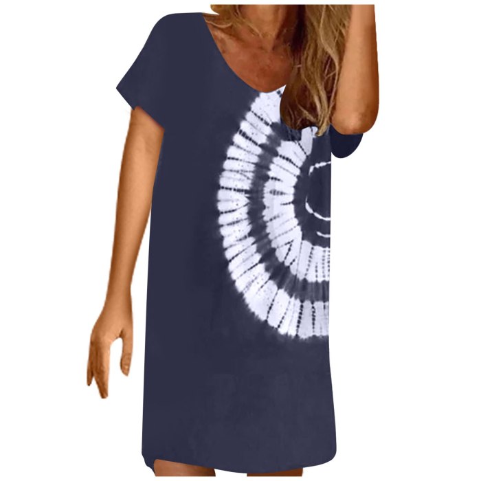 Elegant Office Lady Summer Dress Women's Cool Tie-dye Pullover Casual Short Sleeve Loose Woman Dress Straight Dresses Robes