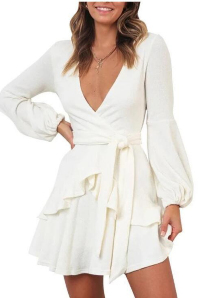 Elegant Dress New Popular Fashion Streetwear Collect Waist Lantern Sleeve Chiffon Dress Women White Sexy Dress