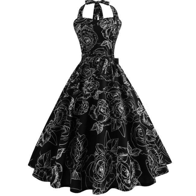 Summer Dress 2020 Robe Vintage Pin Up Dress Women Floral Print Halter Big Swing 1950s 60s Retro Rockabilly Party Dresses Vestido