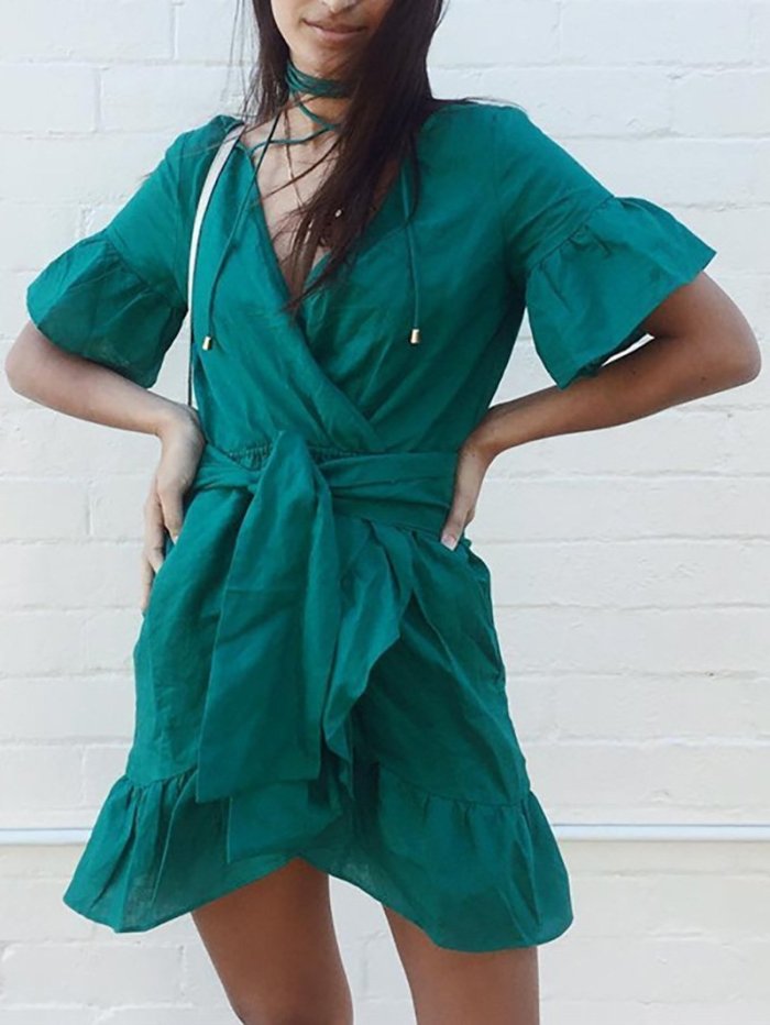 Commuting V Neck Ruffled Belted Pleated Dress