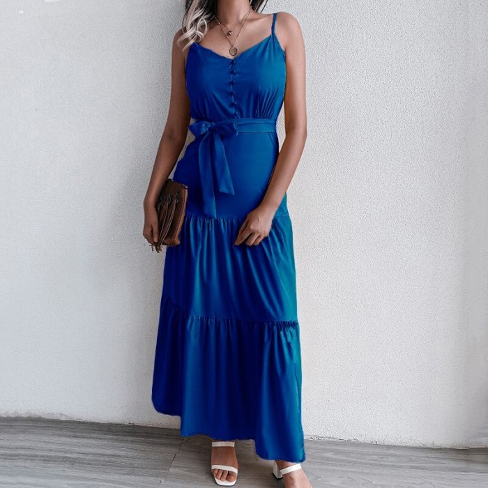 Holiday boho Dress summer new women's personalized button V-neck stitching suspender dress 2021 maxi dresses for women vestido