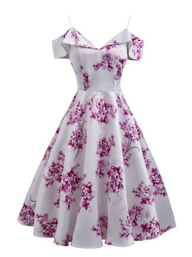 Pink 1950s Floral Cold Shoulder Dress