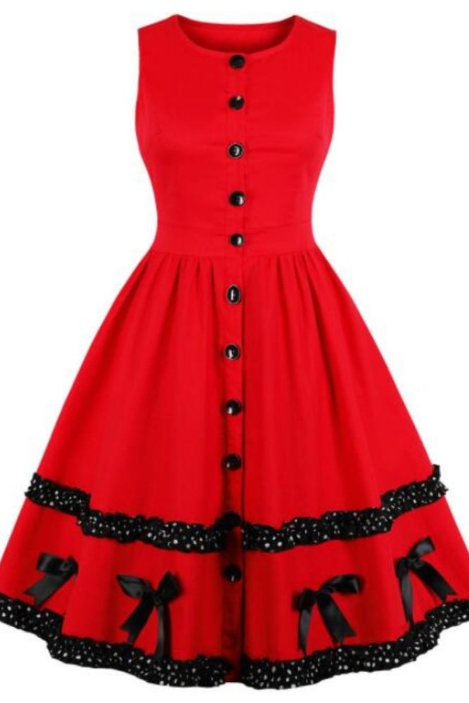 Clearance! Women Red Cotton Dress Sleeveless Patchwork with bow Elegant Women 50s Retro Vintage Dress Plus Size