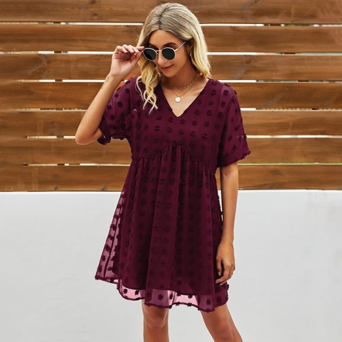 Women Dots V-Neck Mini Dress Short Sleeve Loose Swing Dress Female Casual Straight Dresses Mesh Through Short Dress