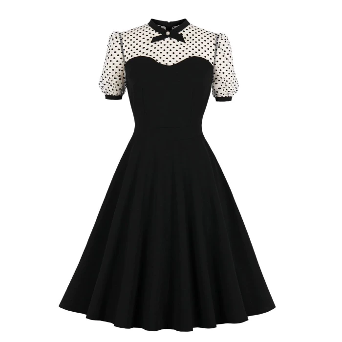 Style Retro Plus Size Women Gothic Tunic Dresses Black Casual Party Mesh Patchwork Robe Rockabilly Swing Dress 2021