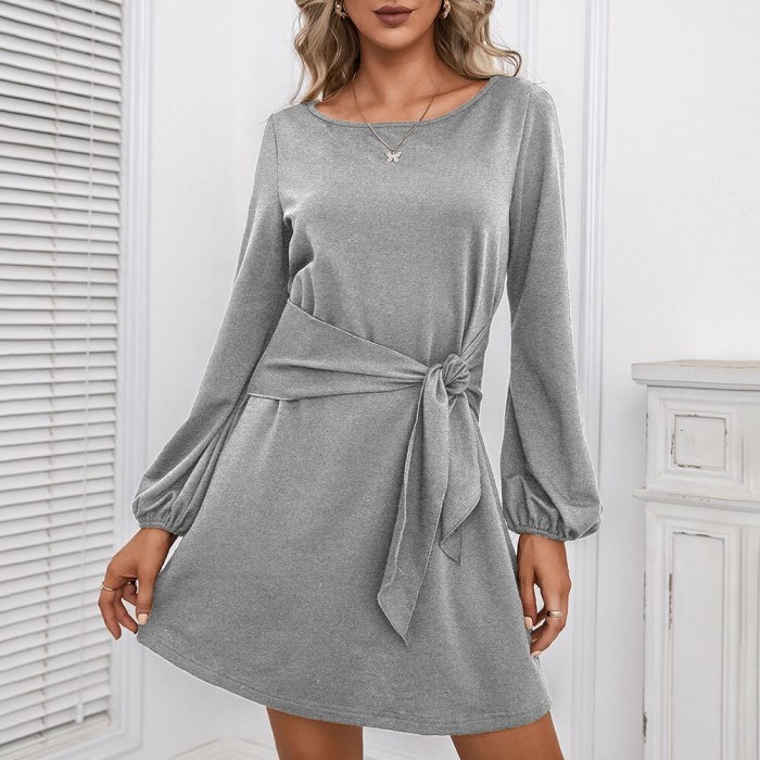 Fashion Long Lantern Sleeve Mini Dress Women 2021 Autumn Winter New O Neck Lace Up Solid Color Vestido Casual Dress Robe Femme