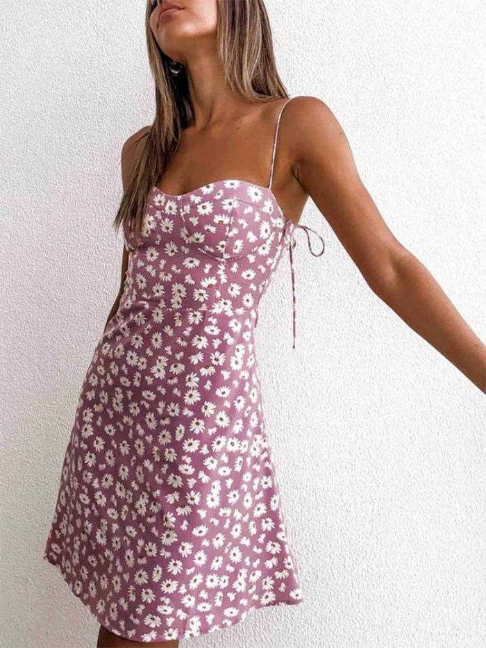 Daisy Print Black Summer Dress Backless Elastic Strap Tied Sundress Women French Style Beach Holiday Dress Outfits 1535