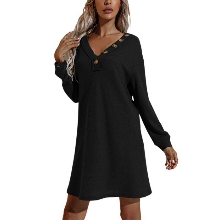 Women'S Autumn Winter European American Clothes Casual Dresses V-Neck Buttoned Hip Knitted Dresses