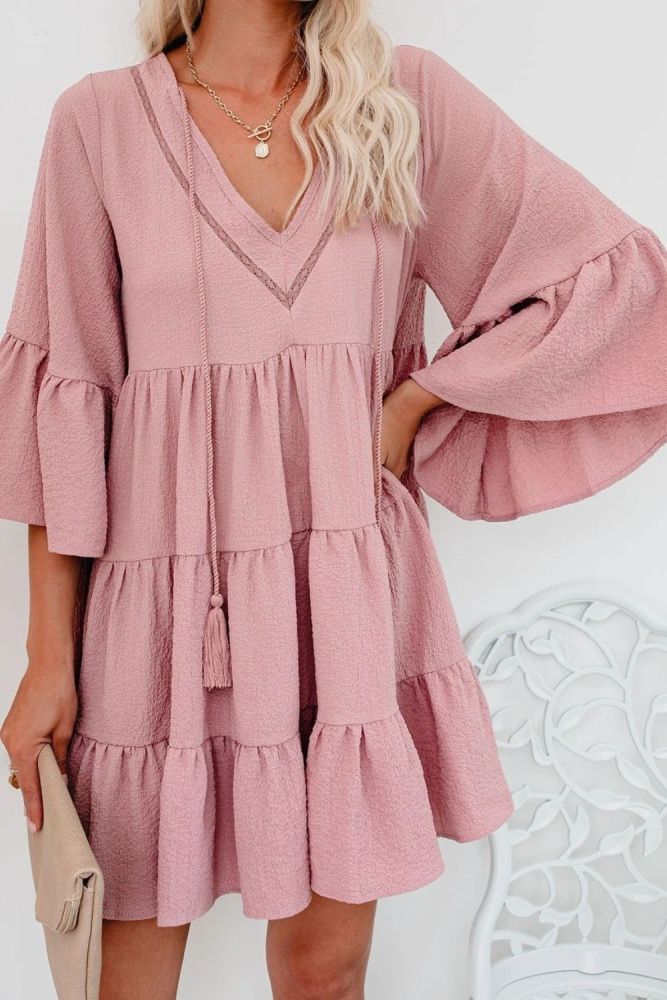 Women Loose Casual Dress New Style Lace-up Ruffles Solid Three Quarter Flare Sleeve Girls Dresses WL96