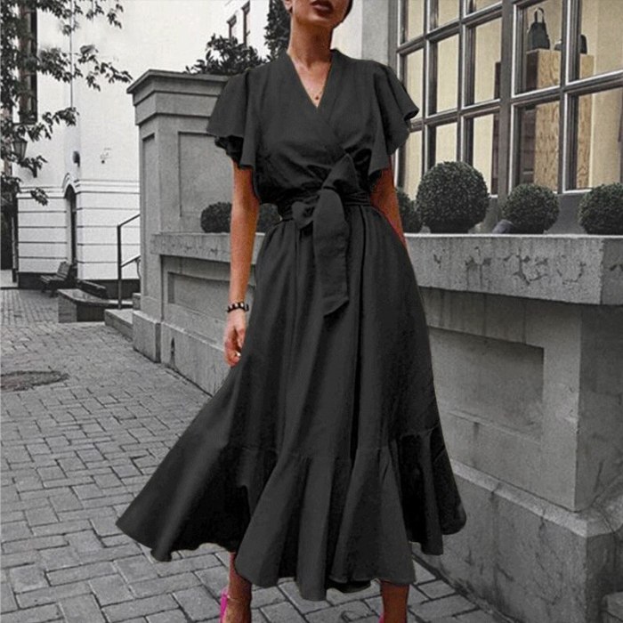 Solid Cold Shoulder Split Irregular Woman Dress Ruffle Large Size 3XL Loose Casual Lace Up Female Mid-calf Dresses Trendy Summer
