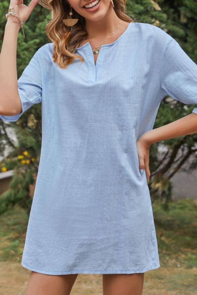 2021 summer new solid color cotton hemp V-neck short sleeve casual shirt dress