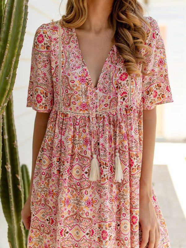 2021 Summer Women's Bohemian Print Short Sleeve Dress Outdoor Vacation Cool Sexy Loose Beach Dress