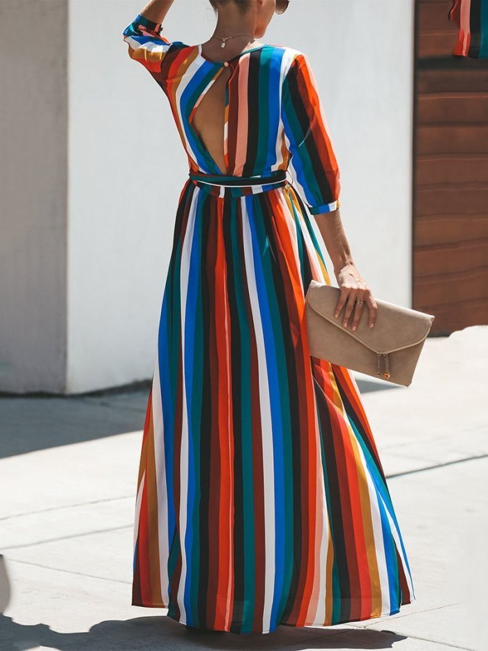 Fashion Printed Colour Halflong Sleeve Maxi Dresses