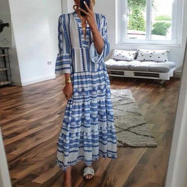 Boho Printed V-Neck 3/4 Sleeve Loose Maxi Dress