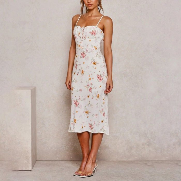 Fashion Thin Shoulder Strap Lace Up Flower Print Dress