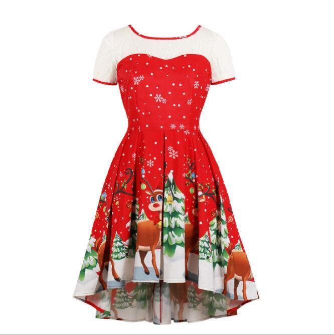 Christmas Costume for Women Fashion Christmas Print Lace Short Sleeve Vintage Gown Evening Party Dress Disfraces