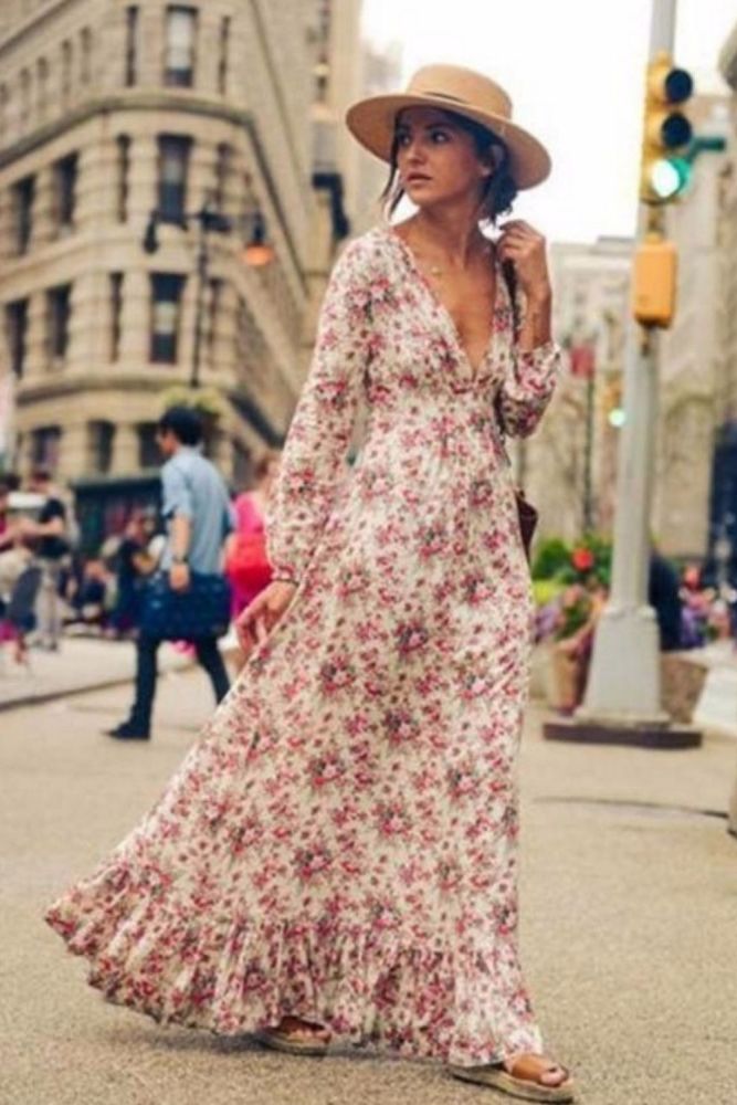 2021 new bohemian ladies print floral ruffled v-neck lantern sleeve long spring and autumn dress
