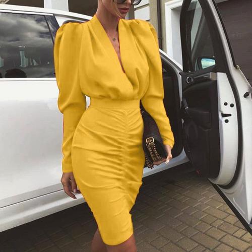 Fashion V-neck Solid Color Long-sleeved Bodycon Dress