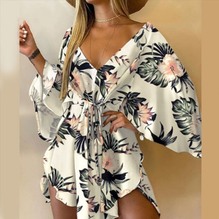 Fashion Leaf Leopard Printed Harajuku Dress Elegant Batwing Sleeve Lace-Up Party Dress Summer V-Neck Irregular Women Mini Dress