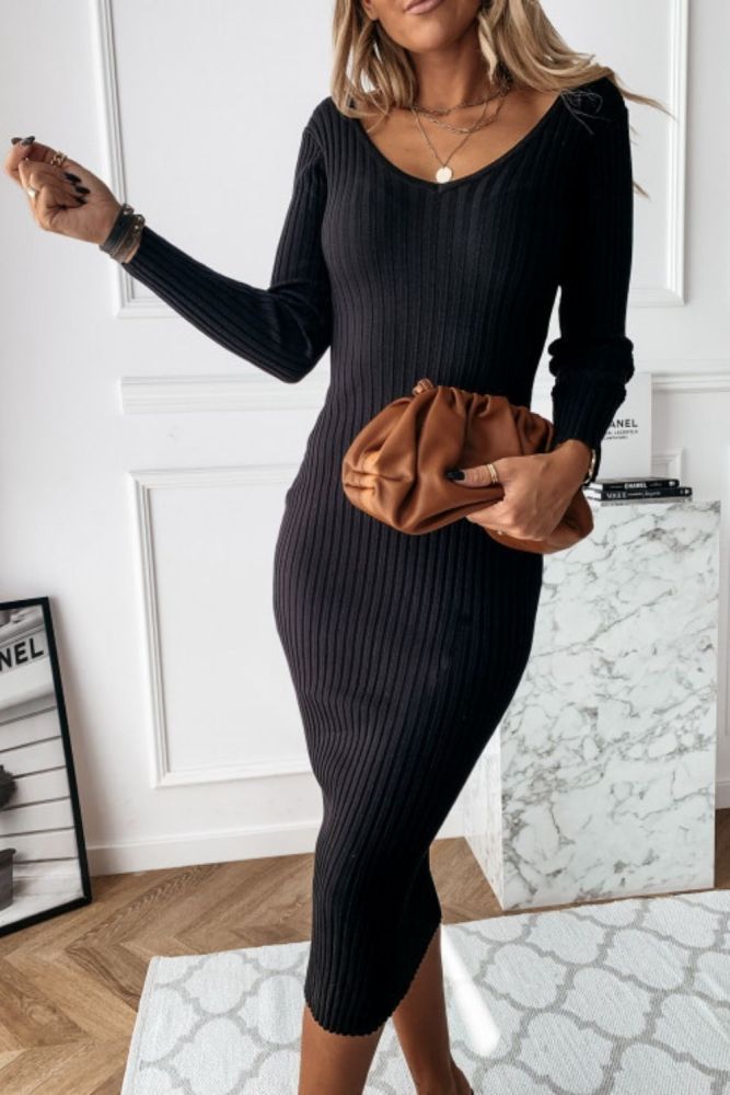 2021 Autumn Slim Long Knitted Dress Women Winter Solid Long Sleeve Bodycon Sweater Dress Sexy V-Neck Sheath Party Vestidos Robe