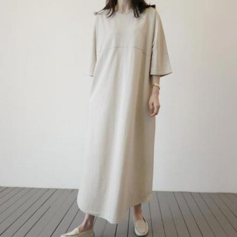 2021 Summer New Korean Simple Solid Color Three-quarter Sleeves Loose Pocket Casual Temperament Wild Women Dress Free Shipping