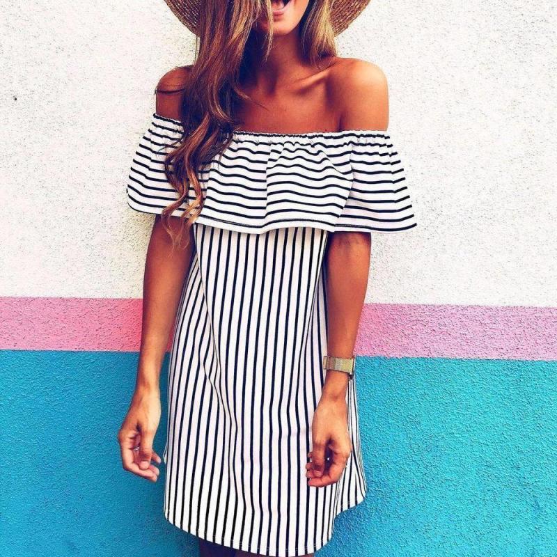 Sexy Off Shoulder Short Sleeve Stripe Printed Loose Mini Dress