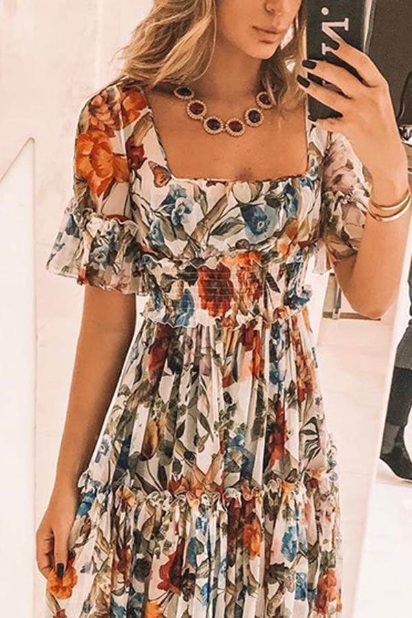 Sexy Short Sleeves Floral Print Off Shoulder Maxi Dress