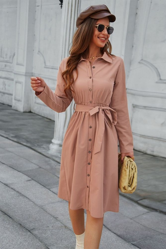 2022 Spring European and American Fashion Solid Color Dress Loose Long Sleeve Shirt Belt Button Dresses
