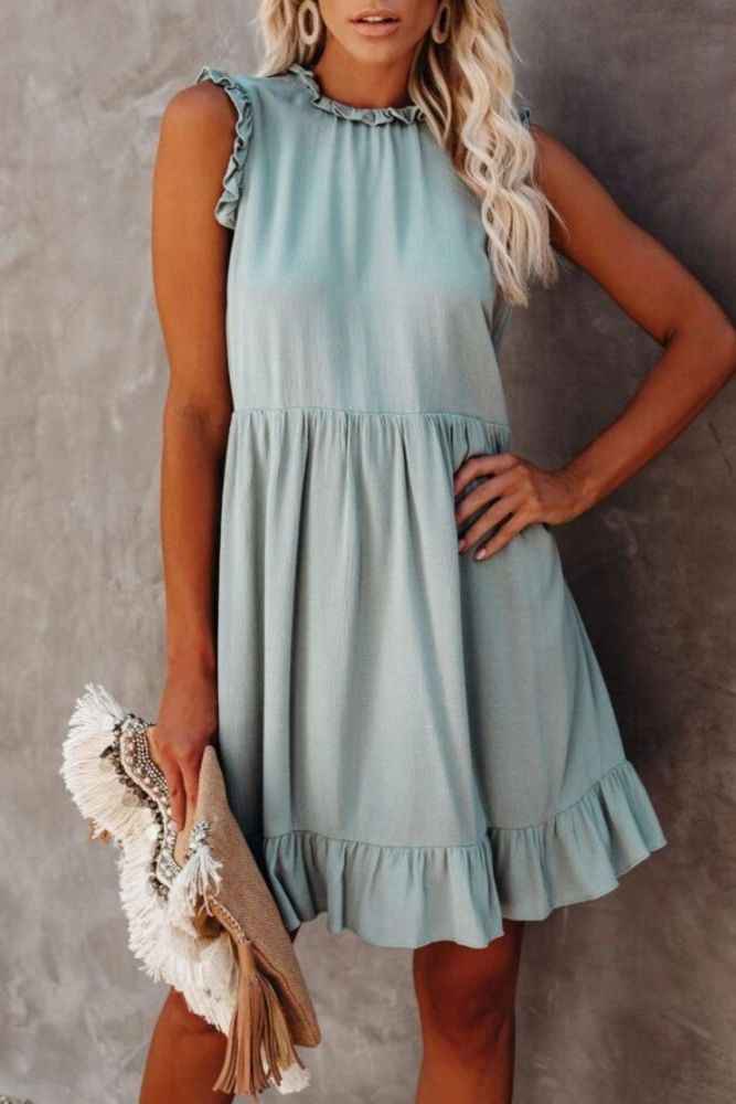 Elegant Summer Women Dress Casual O-Neck Sleeveless Ruffle Lady Dress WL374
