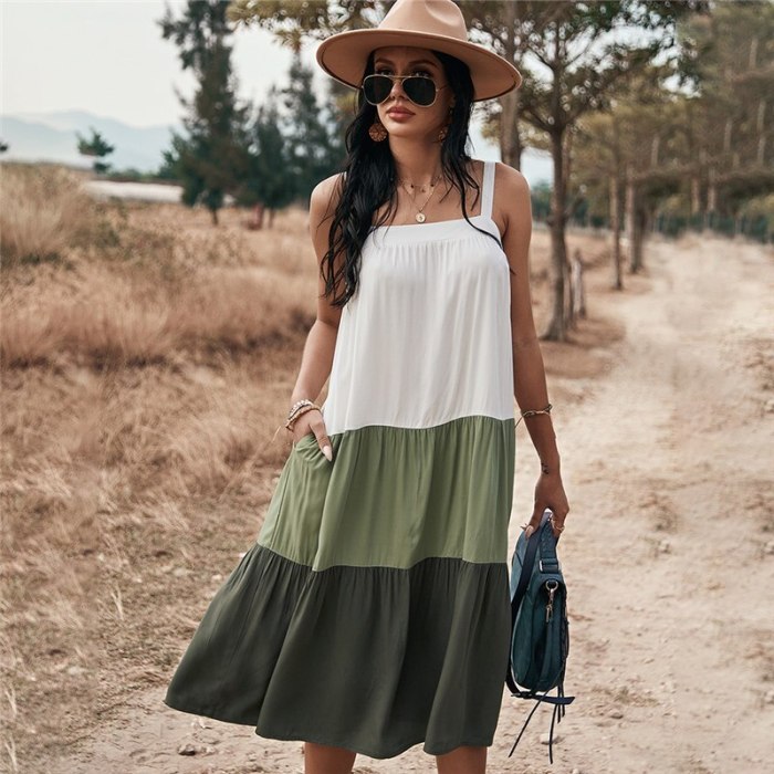 Spaghetti Strap Dress Women Casual Patchwork Color Loose Sling Dresses