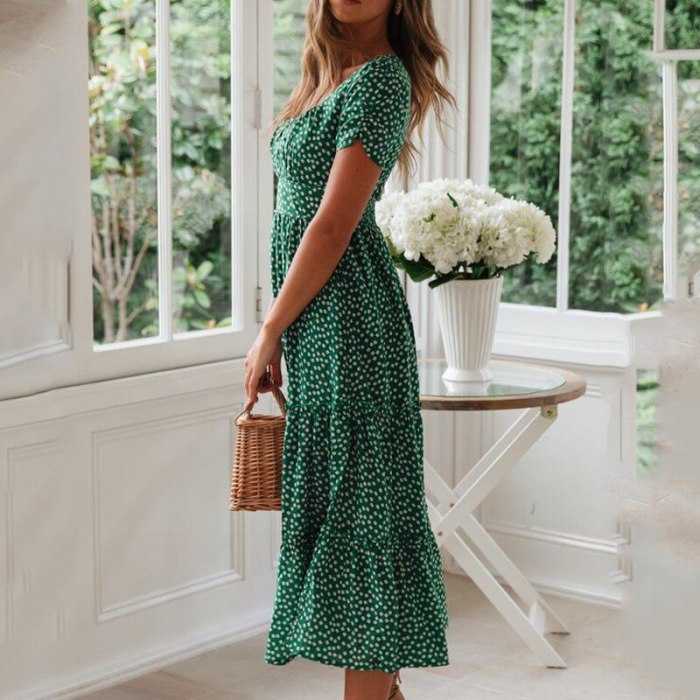 Woman Slim Vestidos Vintage Puff Sleeve Summer Beach Sweet Dresses Casual Square Collar Floral Print Maxi Long Dress 2021 Festa
