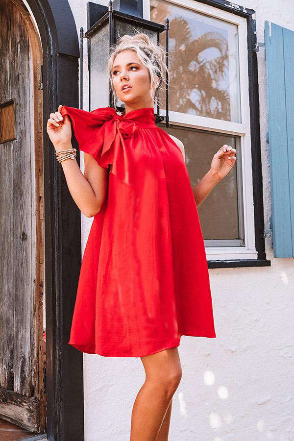 Solid Color Bow Halter Mini Dress Summer 2021 Elegant Casual Party Beach Style Dress Women Red Dresses