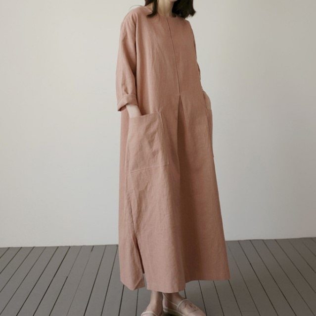 2021 Spring And Summer Round Neck Linen And Cotton Big Size Pocket Pullover Loose Long Dress Korea Styles 2A03812