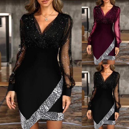 2021 Dress Elegant Spring Autumn Solid Color Sequins Dress Women Fashion V-neck Bodycon Party Dress Sexy Office Lady Slim