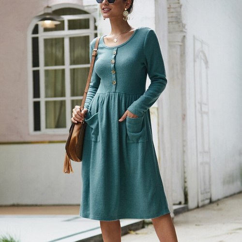 New A Line Dresses Women Autumn Winter Dress Vintage Long Sleeve Dress Ladies Office Midi Dress Buttons O Neck Vestidos