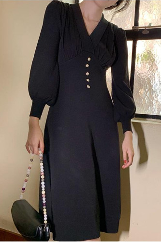 Elegant Midi Dress Casual Slim Button Fall Dresses