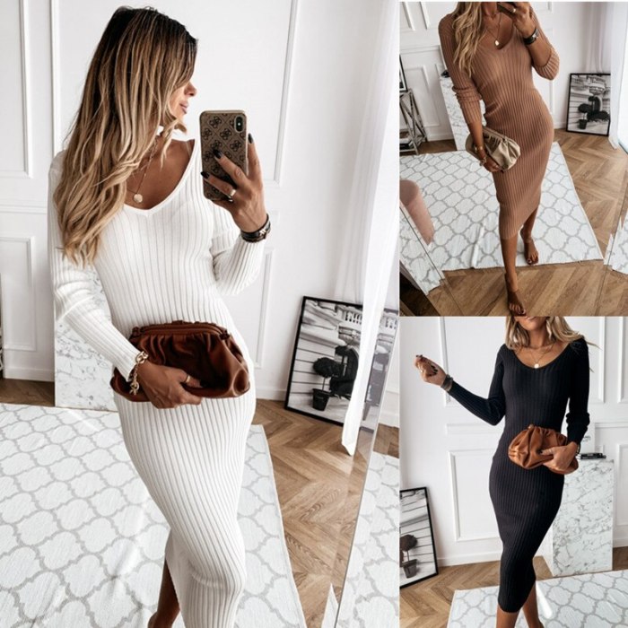 2021 Autumn Slim Long Knitted Dress Women Winter Solid Long Sleeve Bodycon Sweater Dress Sexy V-Neck Sheath Party Vestidos Robe