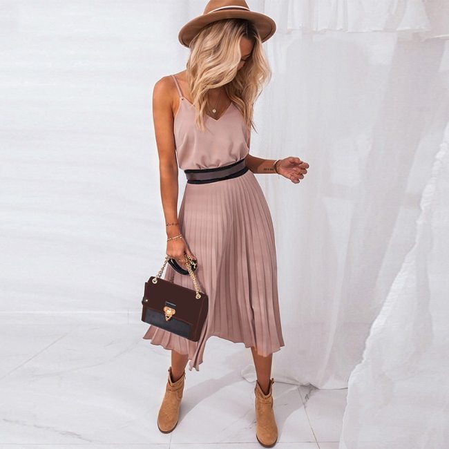 2021 Sexy Women Summer Sexy Dress Spaghetti Strap Dress V-Neck Pink Female Pleated Midi Dress Casual Office Ladies Party Dresses