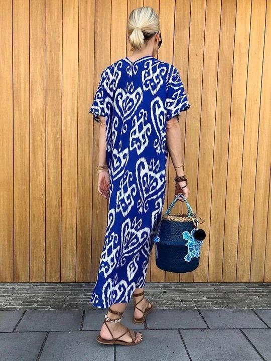 Vintage Blue Print Short Sleeve Maxi Dress