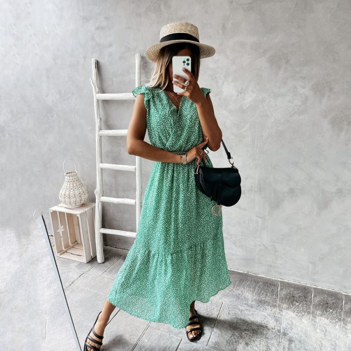 Summer Women Dress Fashion Printed V Neck Loose Lace Up Ruffled Sleeveless Dress 2021 Casual Woman Bohemian Beach Holiday Dress