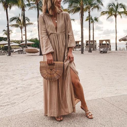 Sexy Deep V Neck Striped Long Sleeve Casual Maxi Dress