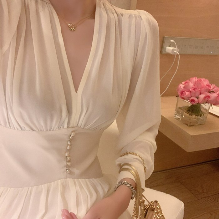 Elegant Long Sleeve Dress V-neck Loose Midi Dress