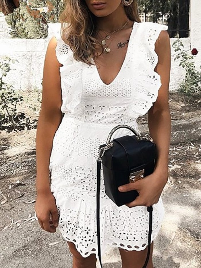 Commuting V Neck Ruffled Pleated Hollow Out See-Through Dress