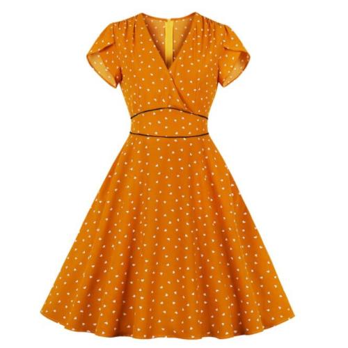 Tonval Orange High Waist Little Heart Print Summer Dress Women Clothes V Neck Pocket Side Office Lady Dresses