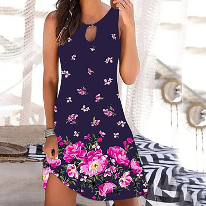 Fashion Women Vintage Dress Sexy O-neck Sleeveless Printed Round Dresses Floral Black Summer Dress Daily Wear Robe Femme New