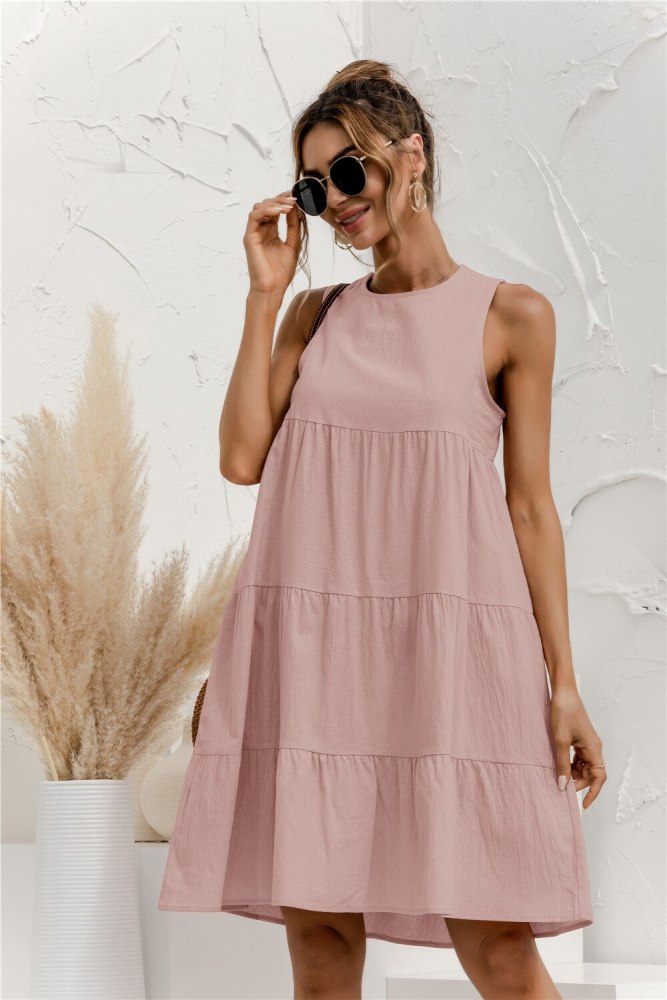 Fashion Women Summer Solid Color A-Line Dress Back Hollow Out Button Decor O-Neck Sleeveless Casual Female Loose Mini Dresses